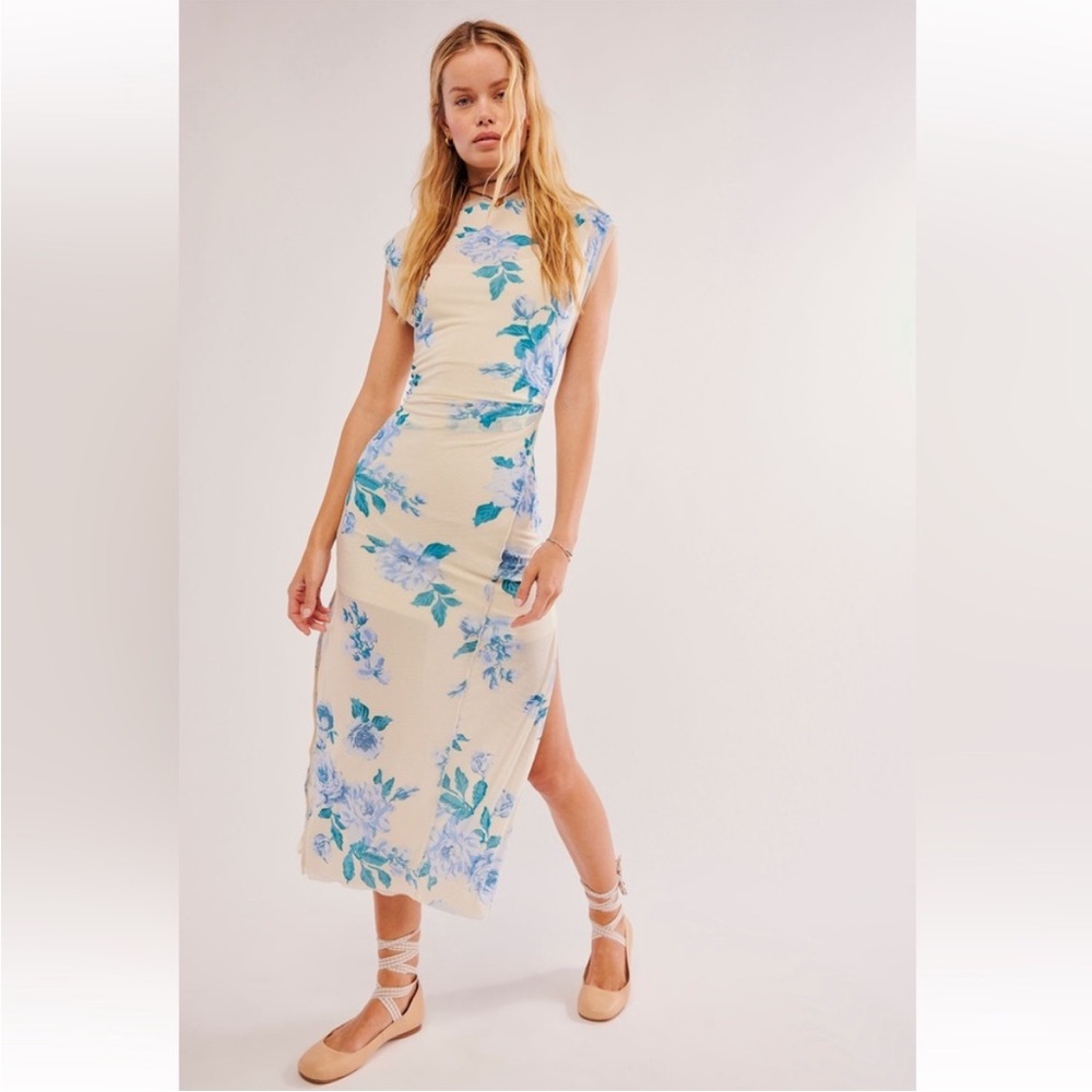 NWOT Free People Carmel Floral Mesh Midi Dress with side leg slits scoop neck - Picture 2 of 7